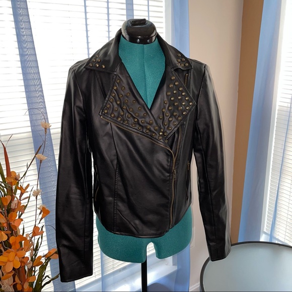 Rock & Republic | Womens Black Studded Moto Faux Leatherette Jacket - Picture 2 of 7